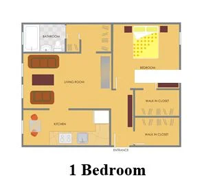 The layout of a 1 bedroom suite at the Buena Vista apartments.