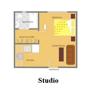 The layout of a studio suite at the Buena Vista apartments.