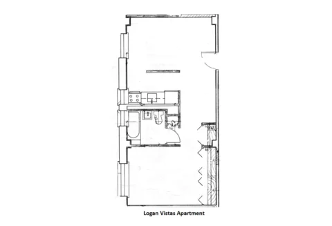 The layout of a 1 bedroom suite at the Logan Vista Apartments.