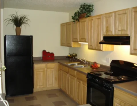 The kitchen has black appliances and light wood overhead and under counter cabinets. The countertop is gray with several jars, a bowl of fruit, and some wine.