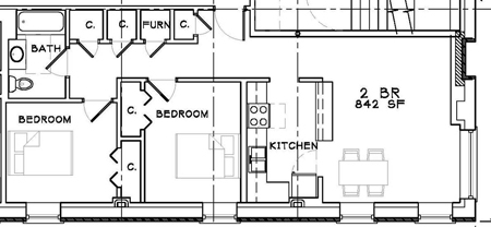 The layout of a 2 bedroom suite in the North & Talman III Apartments.