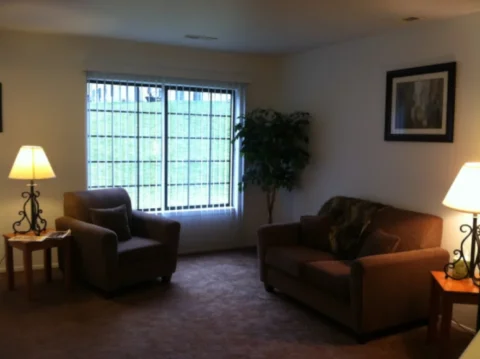 A carpeted living room with a plush armchair and matching couch next to a large window.