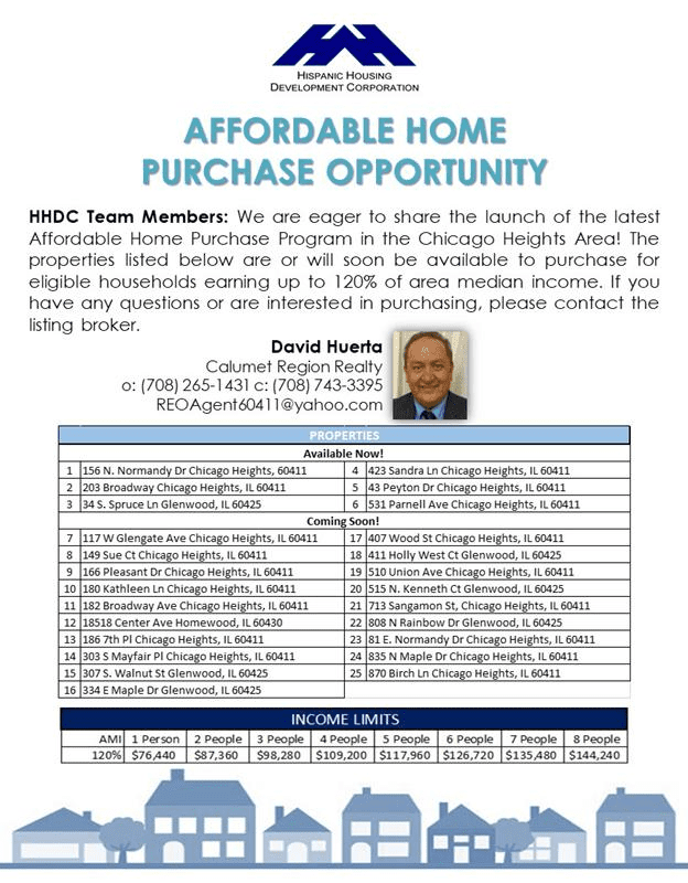 Flyer for an affordable home purchase program in Chicago Heights, listing available properties, income limits, and contact info for David Huerta at Century Realty.