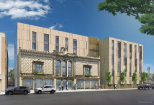 A rendering of the affordable senior housing project at the historic Pioneer Arcade building. New construction rises behind and to the side of the preserved original façade.